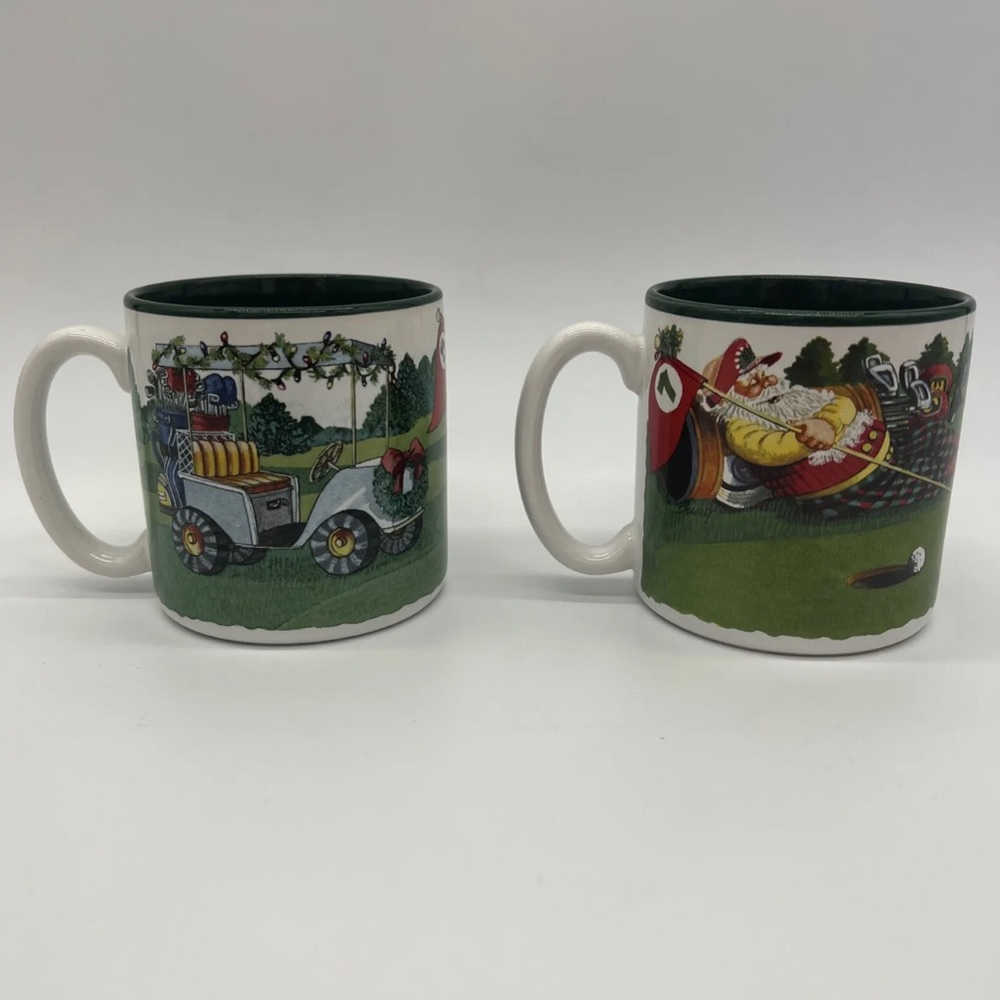 Potpourri Golfing Santas Jeanne Beury 1994 Made in Korea 12 oz set of Mugs